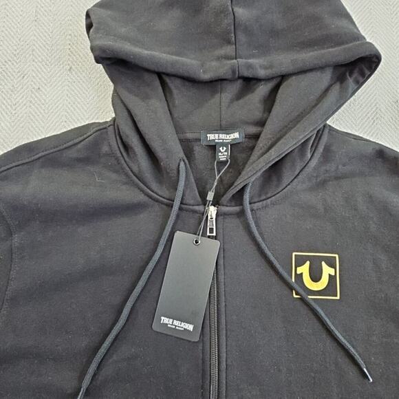 True Religion Full Zip Hoodie Men's XL NWT Black Long Sleeve Gold Sleeve - Picture 3 of 15